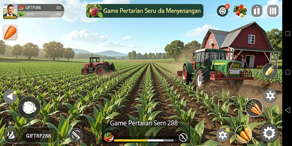 Screenshot gameplay menampilkan ladang hijau subur dan hasil panen melimpah.