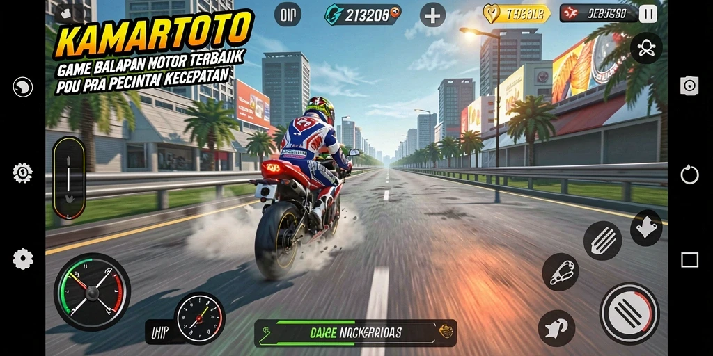 Gameplay KAMARTOTO menampilkan balapan motor yang seru dan mendebarkan.