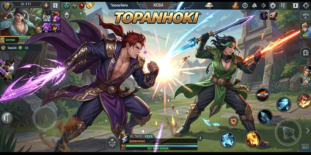 Screenshot utama <strong>TOPANHOKI</strong> menampilkan aksi seru di arena MOBA.